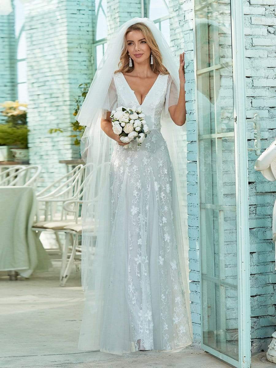 Simple Maxi Floral Lace Appliqued Wedding Dress with Deep V Neck Gown