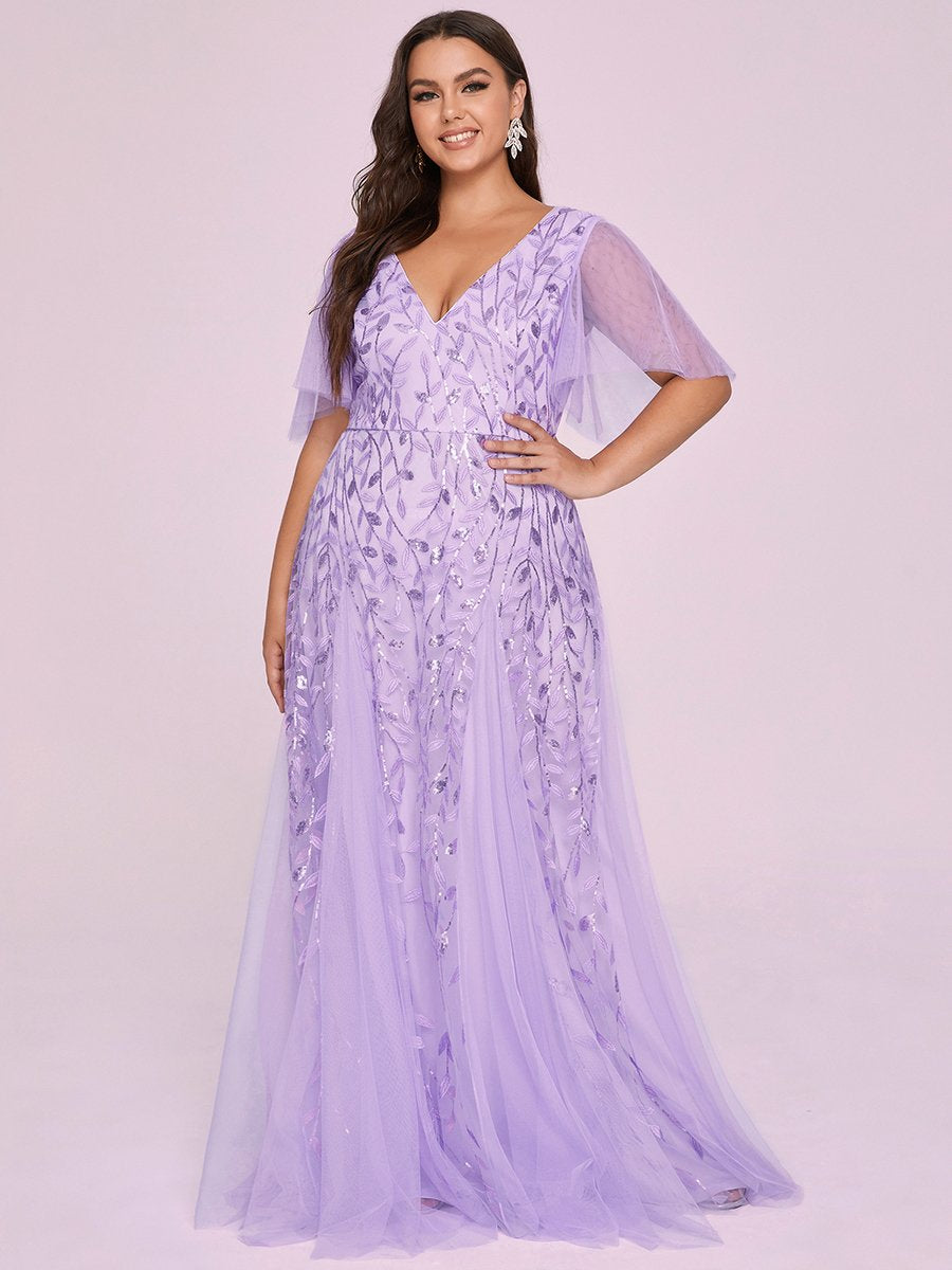 Plus Sizes Shimmery V Neck Ruffle Sleeves Maxi Long Evening Gowns Sequined Tulle Wedding Dress