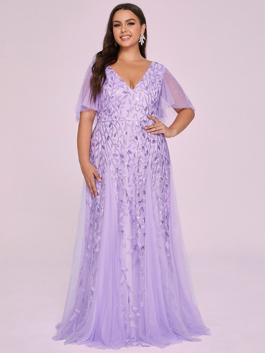 Plus Sizes Shimmery V Neck Ruffle Sleeves Maxi Long Evening Gowns Sequined Tulle Wedding Dress