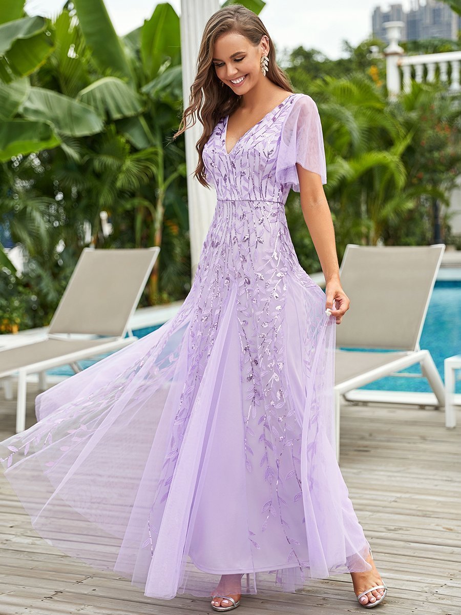 Romantic Shimmery V Neck Ruffle Sleeves Maxi Long Evening Gowns Sequined Tulle Wedding Dress