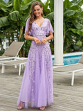 Romantic Shimmery V Neck Ruffle Sleeves Maxi Long Evening Gowns Sequined Tulle Wedding Dress