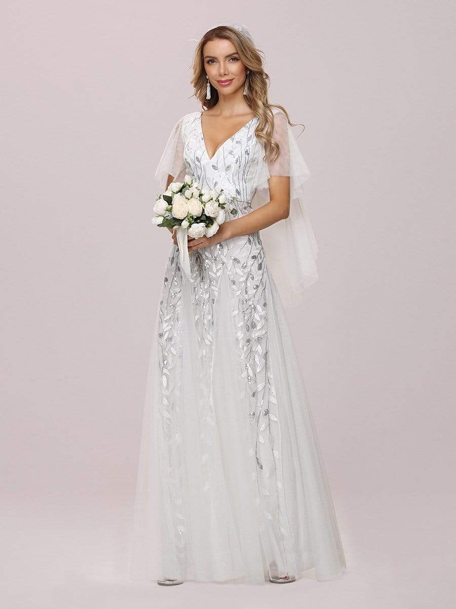 Modern Floor Length Shimmery V Neck Sequined Tulle Wedding Dress