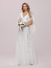 Modern Floor Length Shimmery V Neck Sequined Tulle Wedding Dress