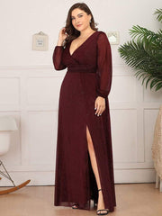 Plus Size V-Neck Shiny Evening Dresses With Long Sleeves Side Split for Banquet Party Dress