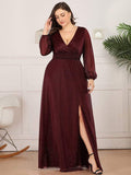 Plus Size V-Neck Shiny Evening Dresses With Long Sleeves Side Split for Banquet Party Dress