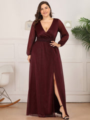 Plus Size V-Neck Shiny Evening Dresses With Long Sleeves Side Split for Banquet Party Dress