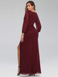 Sexy V-Neck Shiny Evening Dresses With Long Sleeves Side Split for Banquet Party Dress