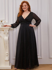 Plus Size V-Neck Shiny Evening Dresses With Long Sleeves Side Split for Banquet Party Dress