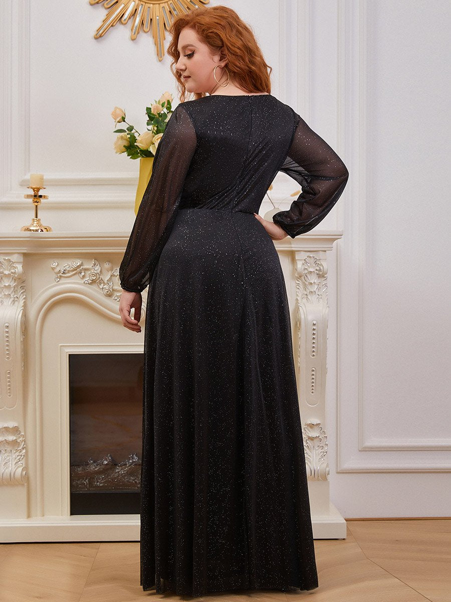 Plus Size V-Neck Shiny Evening Dresses With Long Sleeves Side Split for Banquet Party Dress