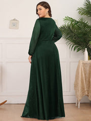 Plus Size V-Neck Shiny Evening Dresses With Long Sleeves Side Split for Banquet Party Dress