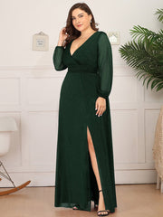 Plus Size V-Neck Shiny Evening Dresses With Long Sleeves Side Split for Banquet Party Dress