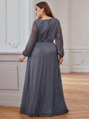 Plus Size V-Neck Shiny Evening Dresses With Long Sleeves Side Split for Banquet Party Dress