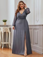 Plus Size V-Neck Shiny Evening Dresses With Long Sleeves Side Split for Banquet Party Dress