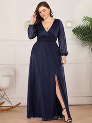 Plus Size V-Neck Shiny Evening Dresses With Long Sleeves Side Split for Banquet Party Dress