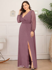 Plus Size V-Neck Shiny Evening Dresses With Long Sleeves Side Split for Banquet Party Dress