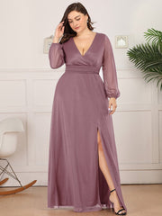 Plus Size V-Neck Shiny Evening Dresses With Long Sleeves Side Split for Banquet Party Dress