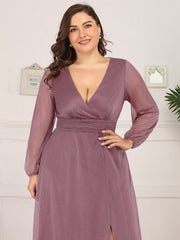 Plus Size V-Neck Shiny Evening Dresses With Long Sleeves Side Split for Banquet Party Dress