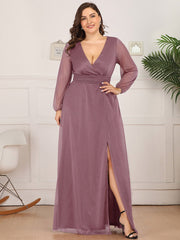 Plus Size V-Neck Shiny Evening Dresses With Long Sleeves Side Split for Banquet Party Dress