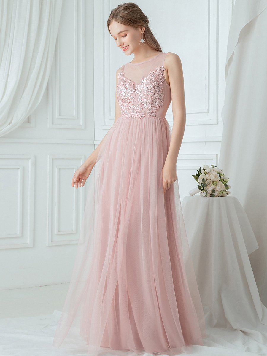 Elegant See Through Round Neck Tulle Applique Gown Bridesmaid Dress
