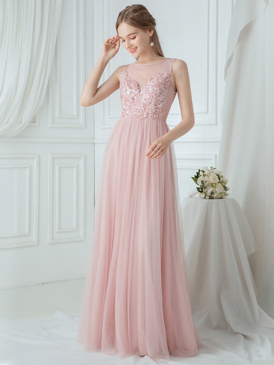 Elegant See Through Round Neck Tulle Applique Gown Bridesmaid Dress