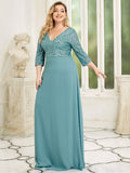 Ladies' Sexy V Neck A-Line Plus Size Sequin Evening Dresses With 3/4 Sleeve Formal Wear