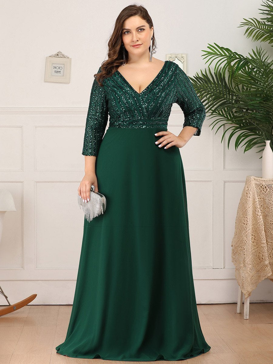 Ladies' Sexy V Neck A-Line Plus Size Sequin Evening Dresses With 3/4 Sleeve Formal Wear