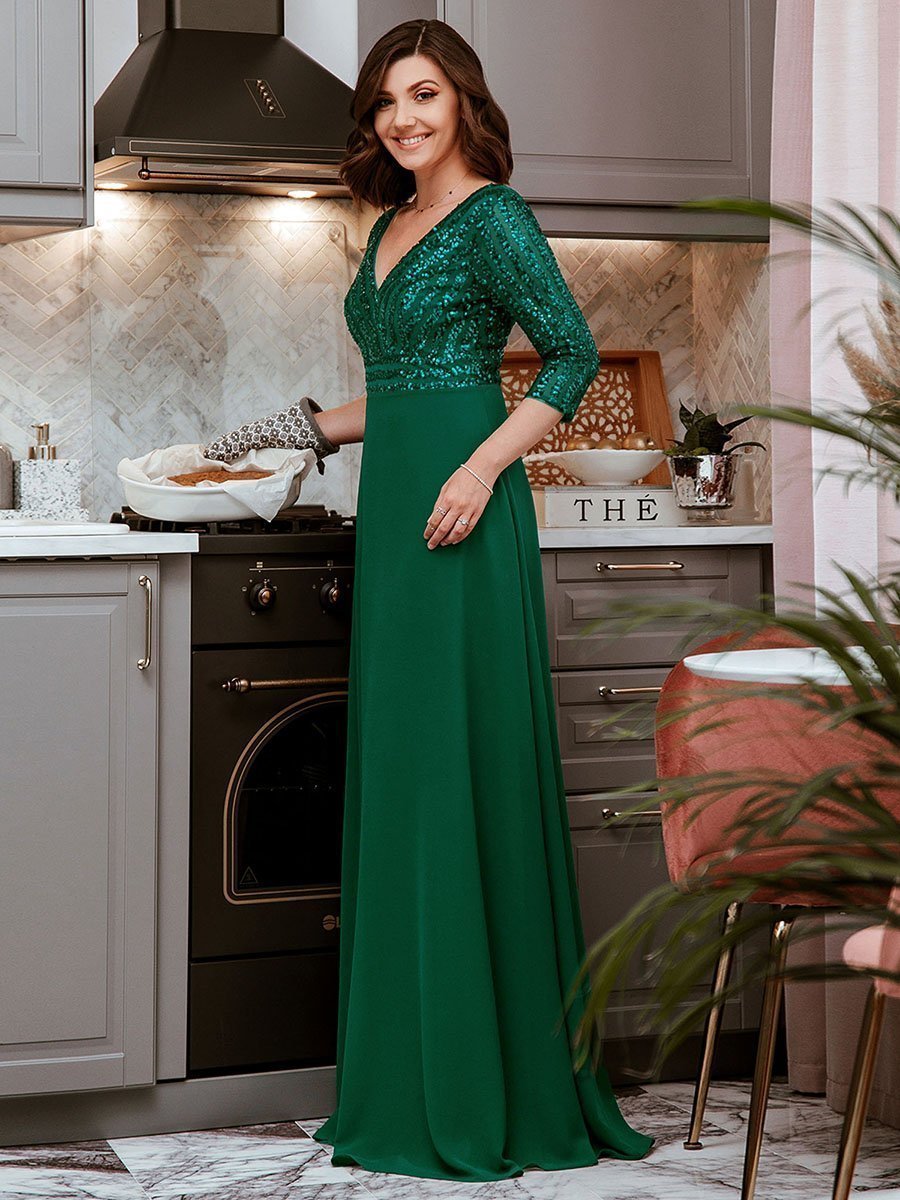Ladies' Sexy V Neck A-Line Sequin Evening Dresses With 3/4 Sleeve Floor Length Formal Wear