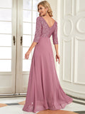 Ladies' Sexy V Neck A-Line Sequin Evening Dresses With 3/4 Sleeve Floor Length Formal Wear