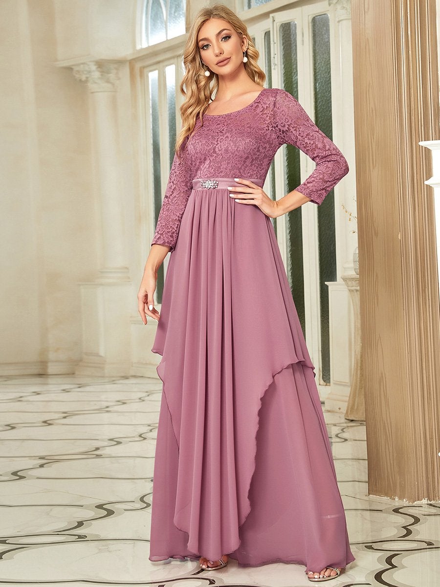 Round Neck Chiffon Bridesmaid Dress With Long Lace Sleeves for Women