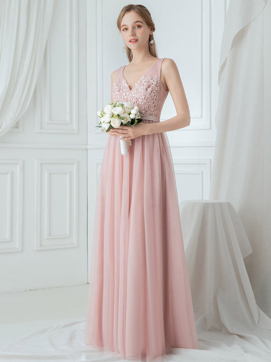 Blush V-Neck Floor Length Appliqued Tulle Bridesmaid Dress