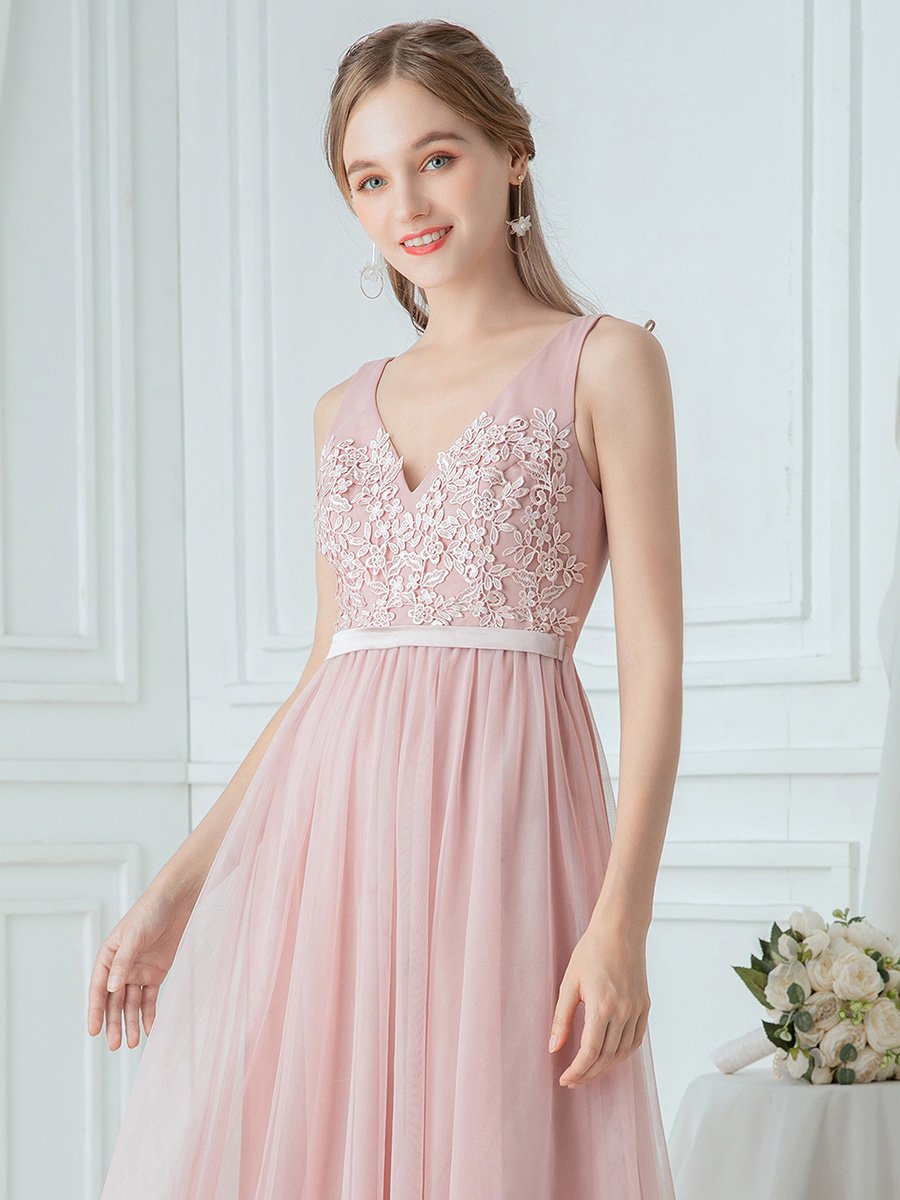 Blush V-Neck Floor Length Appliqued Tulle Bridesmaid Dress