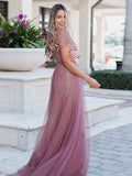A-Line Slip Dress Sweetheart Neckline Ruffle Sleeve Tulle Bridesmaid Dress Mulit Colors