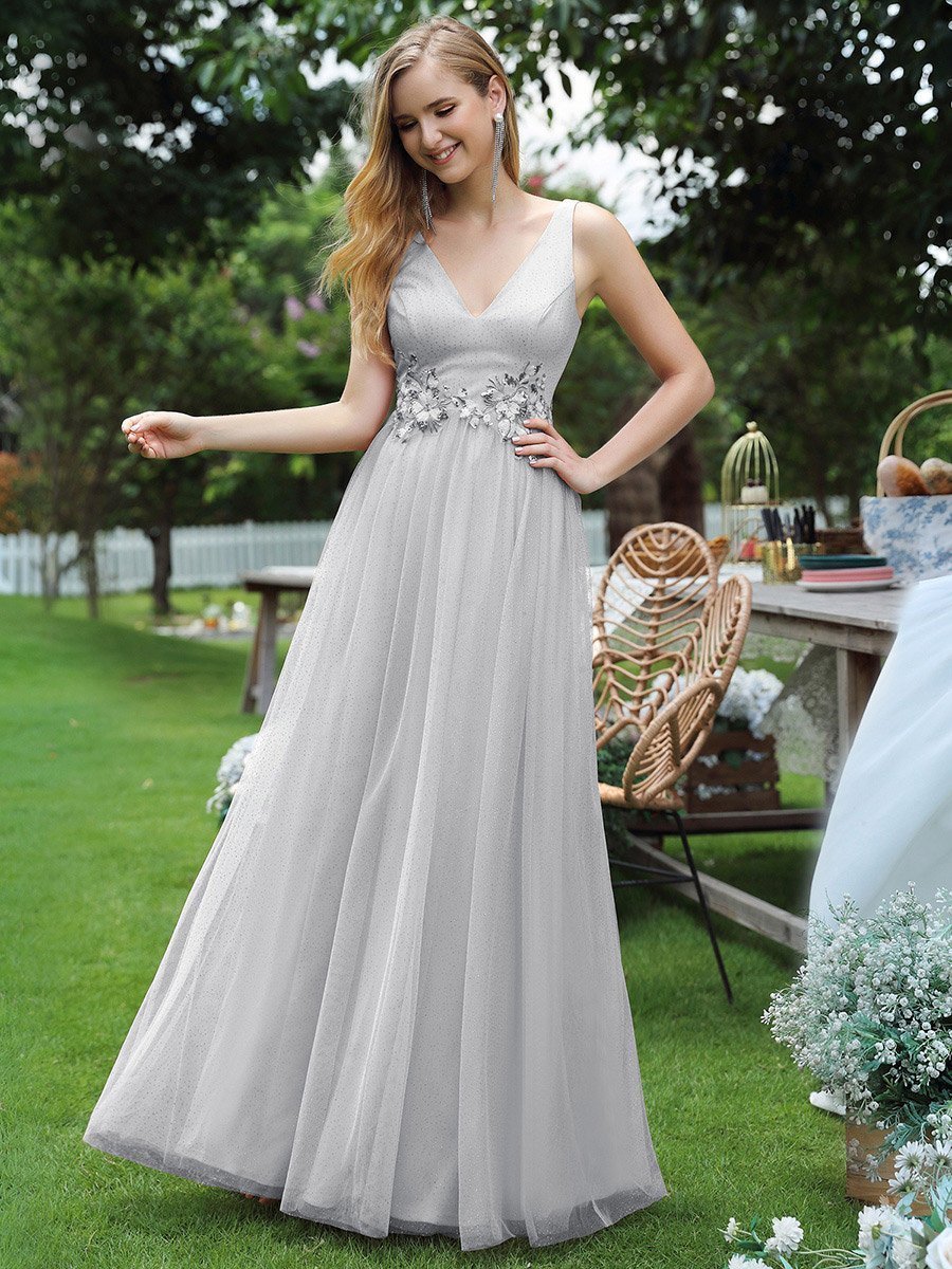 Elegant Deep Double V Neck Tulle Evening Dress with Appliques Romantic  Bridesmaid Dresses