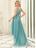 High-Low V Neck Tulle Train Prom Dresses with Sequin Appliques Perfect Evening Dress