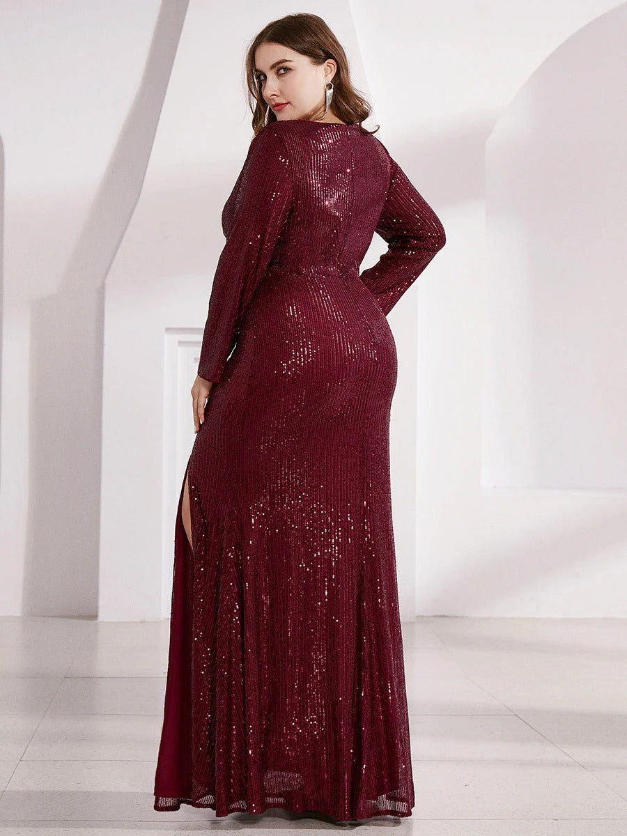 Shiny V Neck Plus Size Sequin Evening Party Dress with Long Sleeves Si –  Avadress