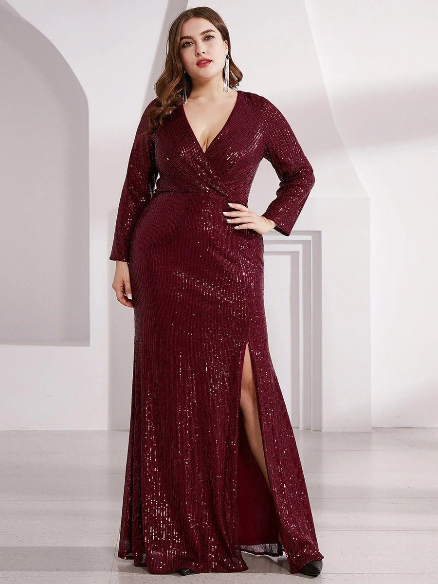Shiny V Neck Plus Size Sequin Evening Party Dress with Long Sleeves Side  Split Banquet Gown - 16 / Burgundy