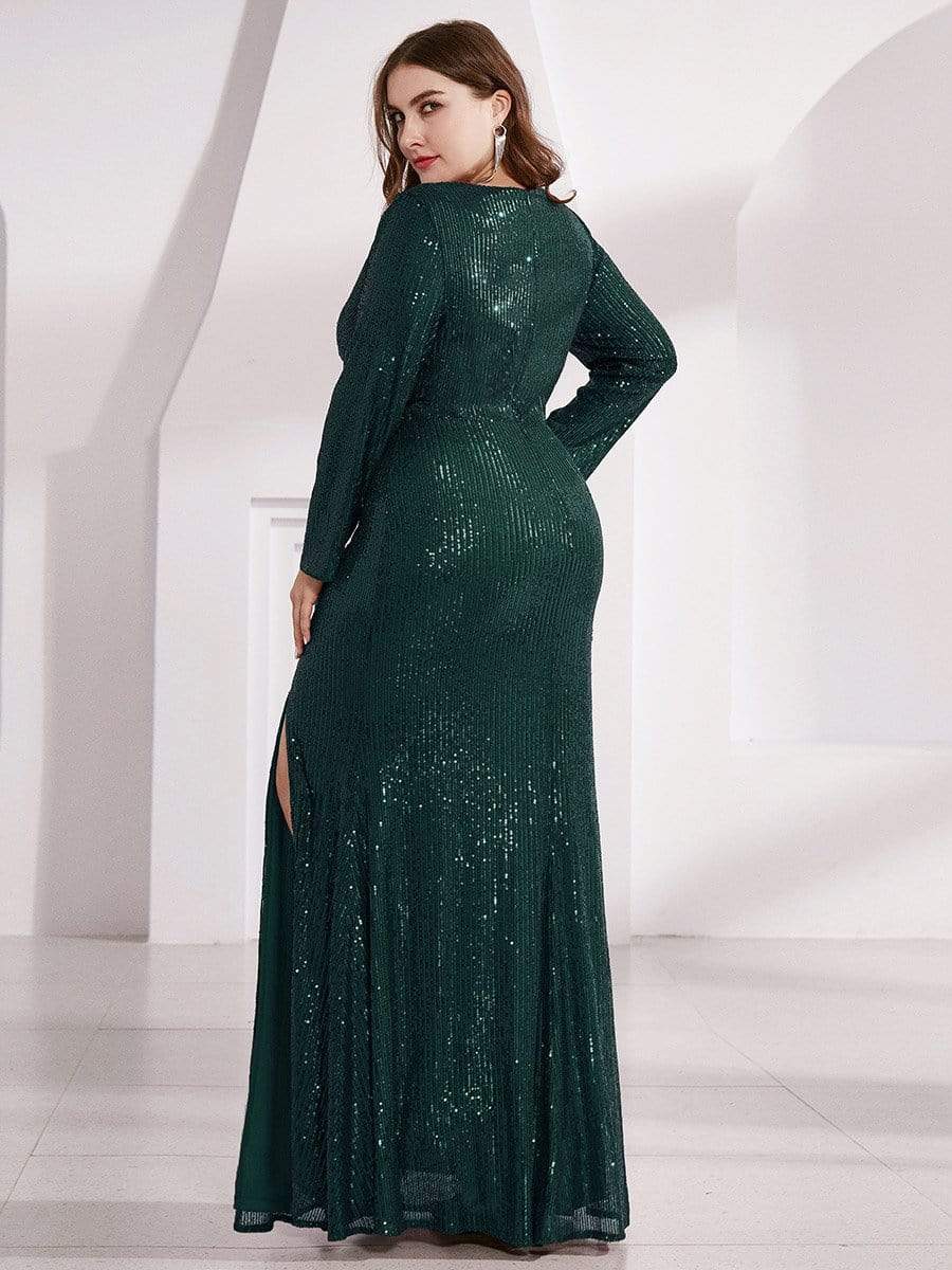 Shiny V Neck Plus Size Sequin Evening Party Dress with Long
