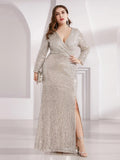 Shiny V Neck Plus Size Sequin Evening Party Dress with Long Sleeves Side Split Banquet Gown