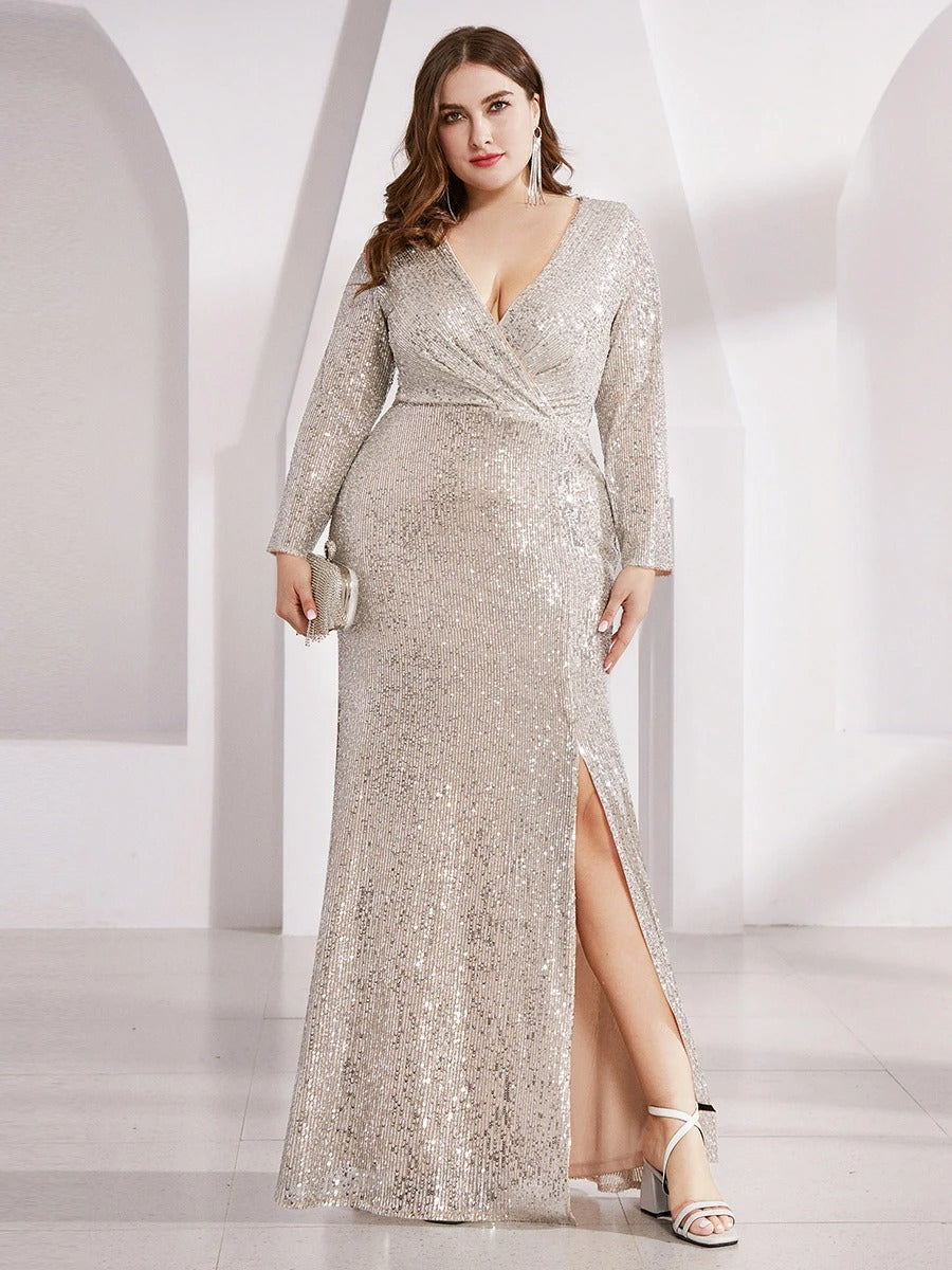 Shiny V Neck Plus Size Sequin Evening Party Dress with Long Sleeves Side Split Banquet Gown