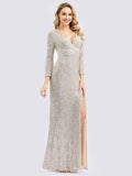 Shiny V Necked Sequin Evening Party Dress with Long Sleeves Side Split Banquet Gown