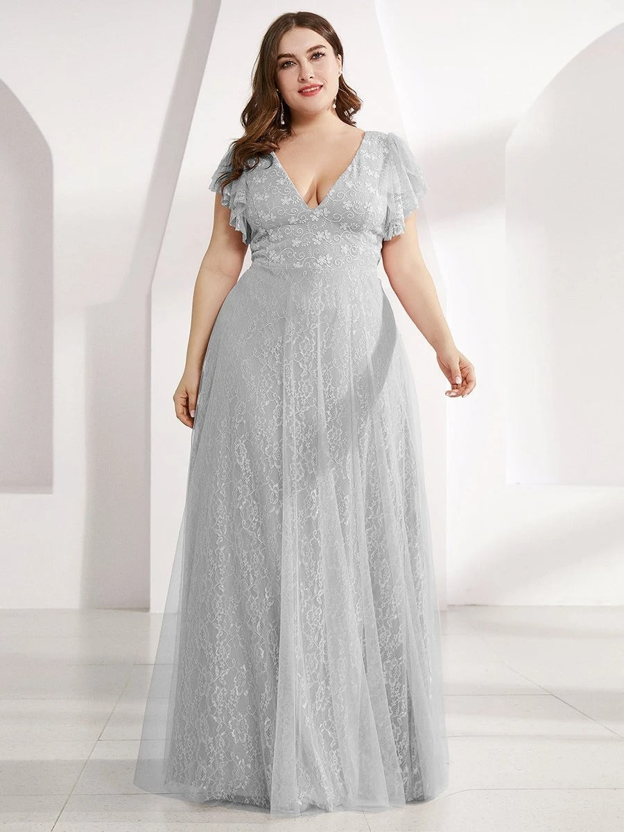 Elegant Double V-Neck Floor Length Plus Size Dresses Short Ruffle Sleeve Bridesmaid Gowns