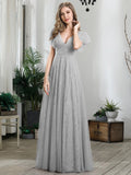 Double V-Neck Floor Length Wedding Dresses with Short Ruffle Sleeve Bridesmaid Gowns