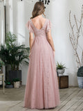 Double V-Neck Floor Length Wedding Dresses with Short Ruffle Sleeve Bridesmaid Gowns
