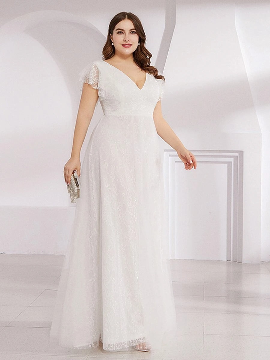 Elegant Double V-Neck Floor Length Plus Size Dresses Short Ruffle Sleeve Bridesmaid Gowns