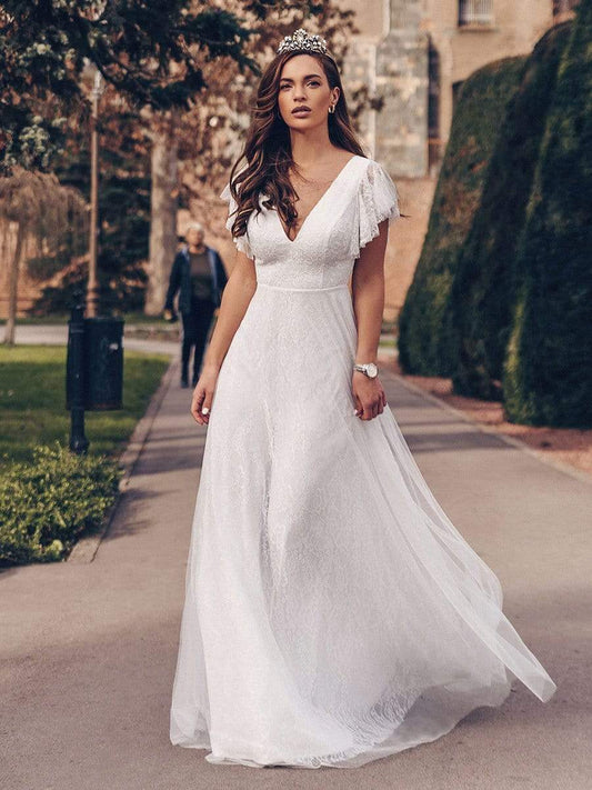 Double V-Neck Floor Length Wedding Dresses with Short Ruffle Sleeve Bridesmaid Gowns