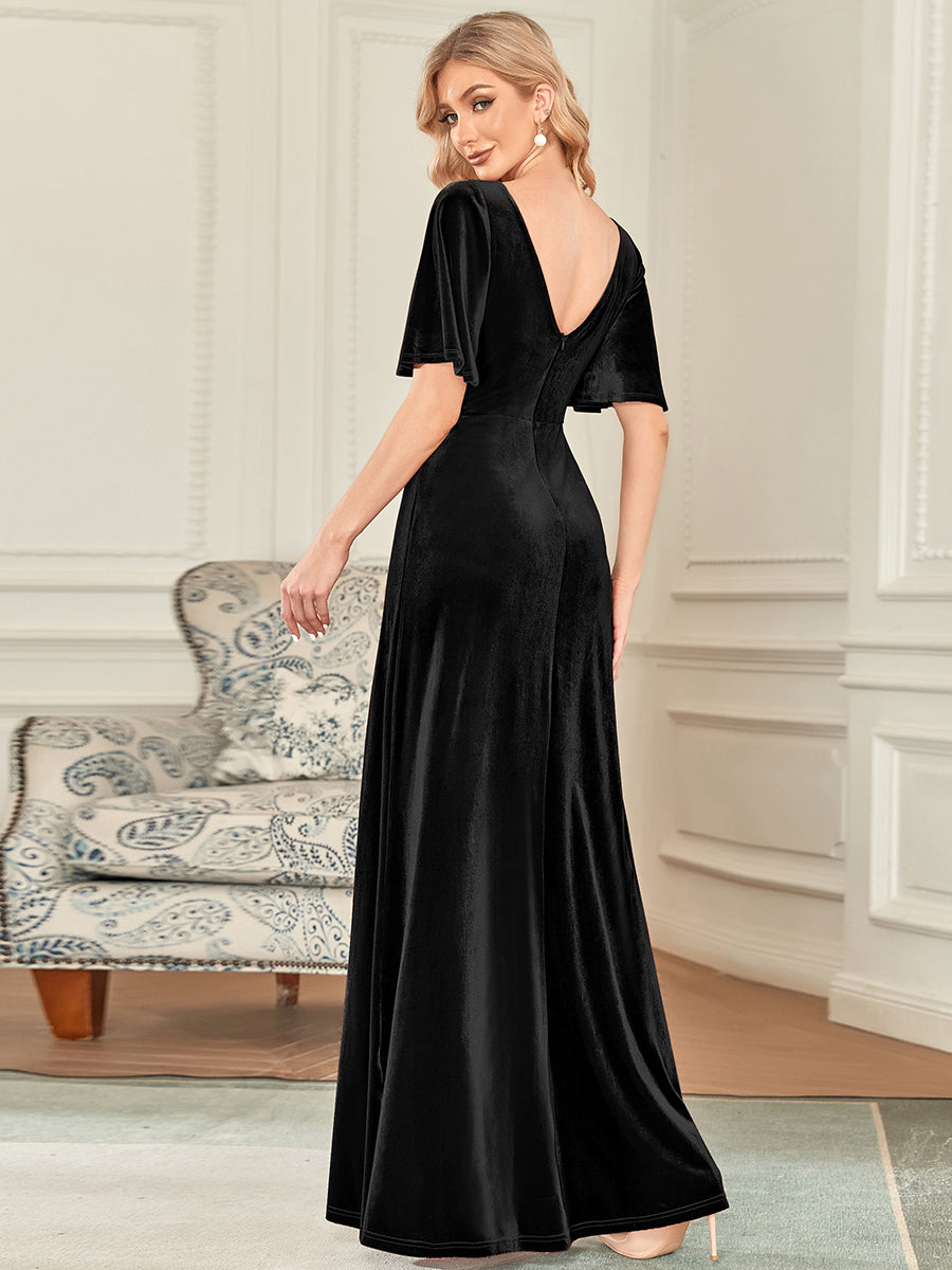 Vintage Double V Neck Floor Length Velvet Evening Dresses Party Dresses for Women