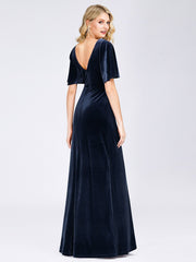 Vintage Double V Neck Floor Length Velvet Evening Dresses Party Dresses for Women