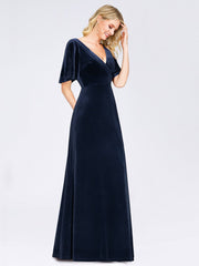 Vintage Double V Neck Floor Length Velvet Evening Dresses Party Dresses for Women