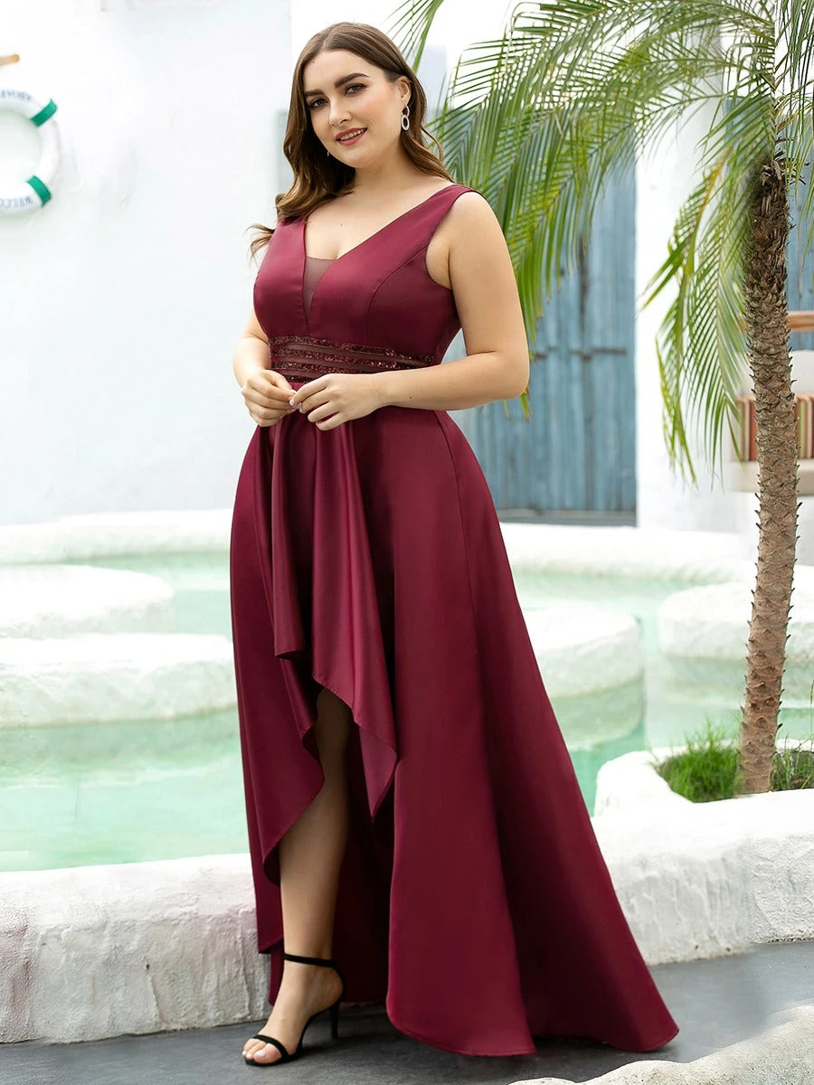 Women's Plus Size V-Neck Asymmetric High Low Cocktail Party Dresses Elegant Wide Strap Gown