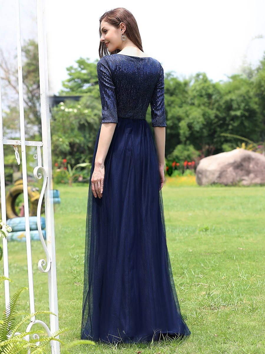 Women's V-Neck Floor Length Gown Evening Dress with Sleeve Sequins Dresses